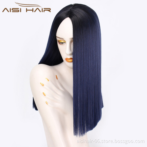 Aisi Hair Wholesale Middle Length Silky Straight Ombre Dark Blue Color Wig Afro Synthetic Cosplay Wigs For Black Women